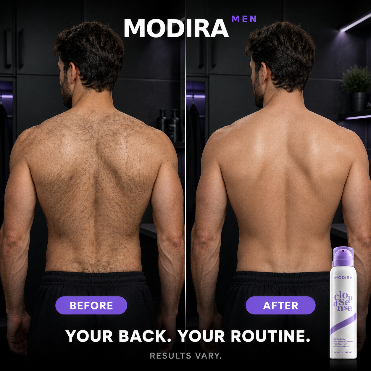 Men's back hair before and after using Modira, results vary