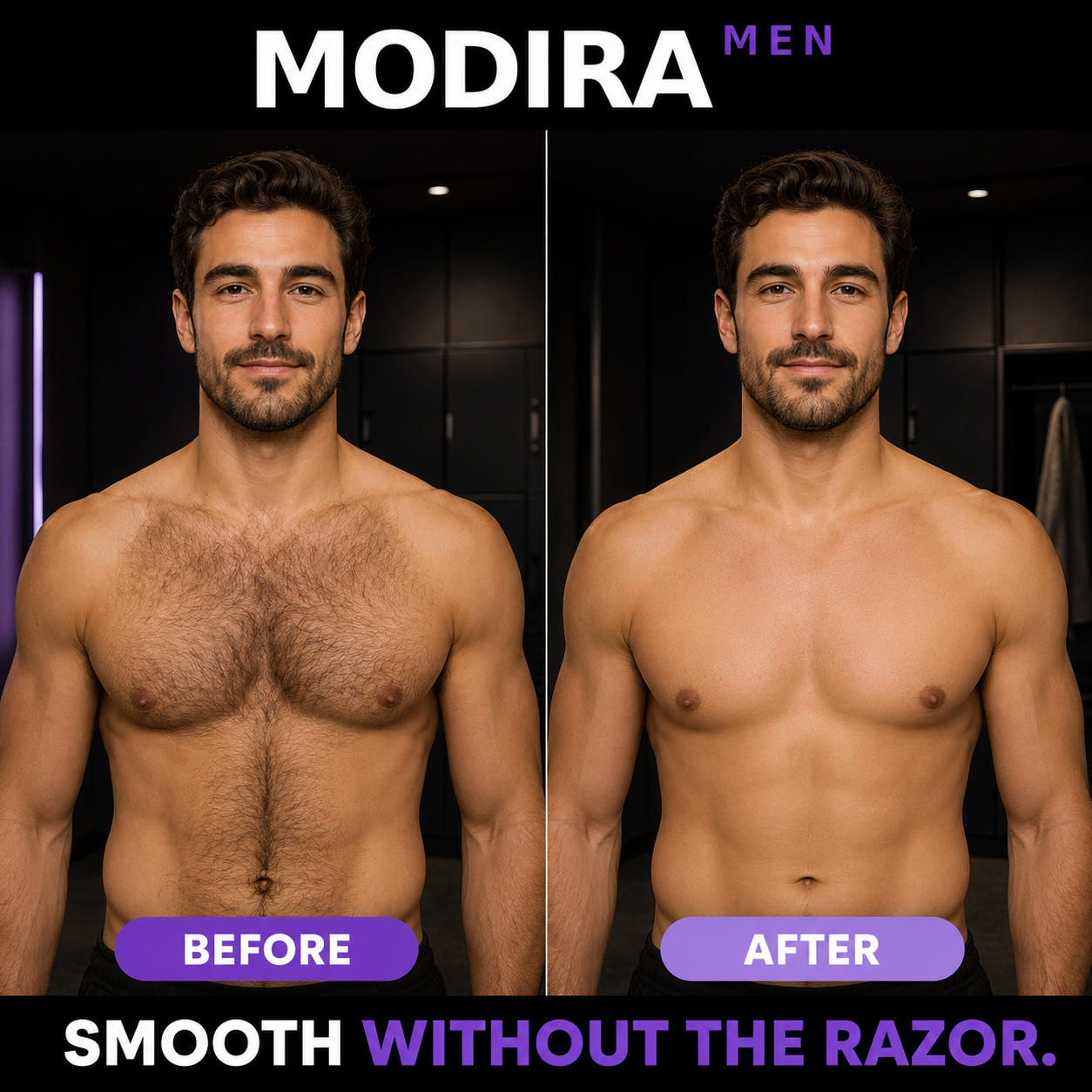 Before and after chest hair removal result with Modira for men