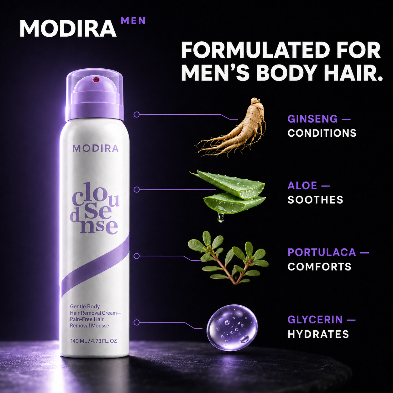 Modira formula ingredients including ginseng, aloe, portulaca and glycerin