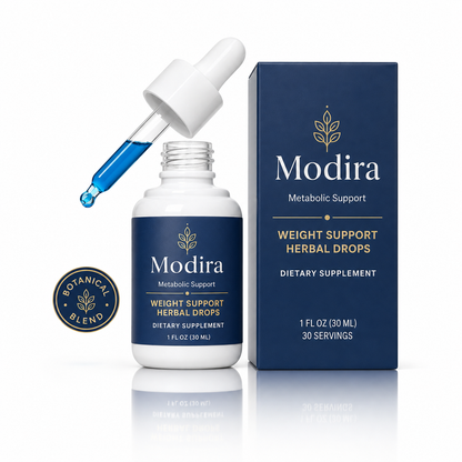Modira Metabolic Support Drops bottle, dropper, and retail carton