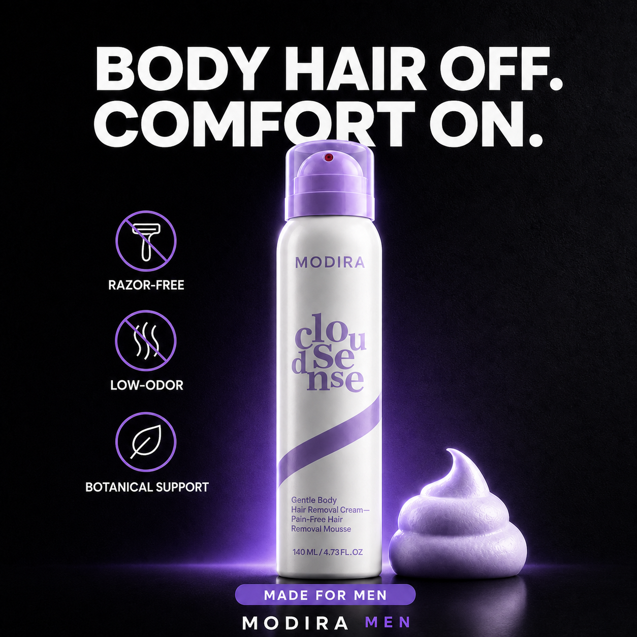 Modira men's body hair removal spray with razor-free, low-odor and botanical-support benefits
